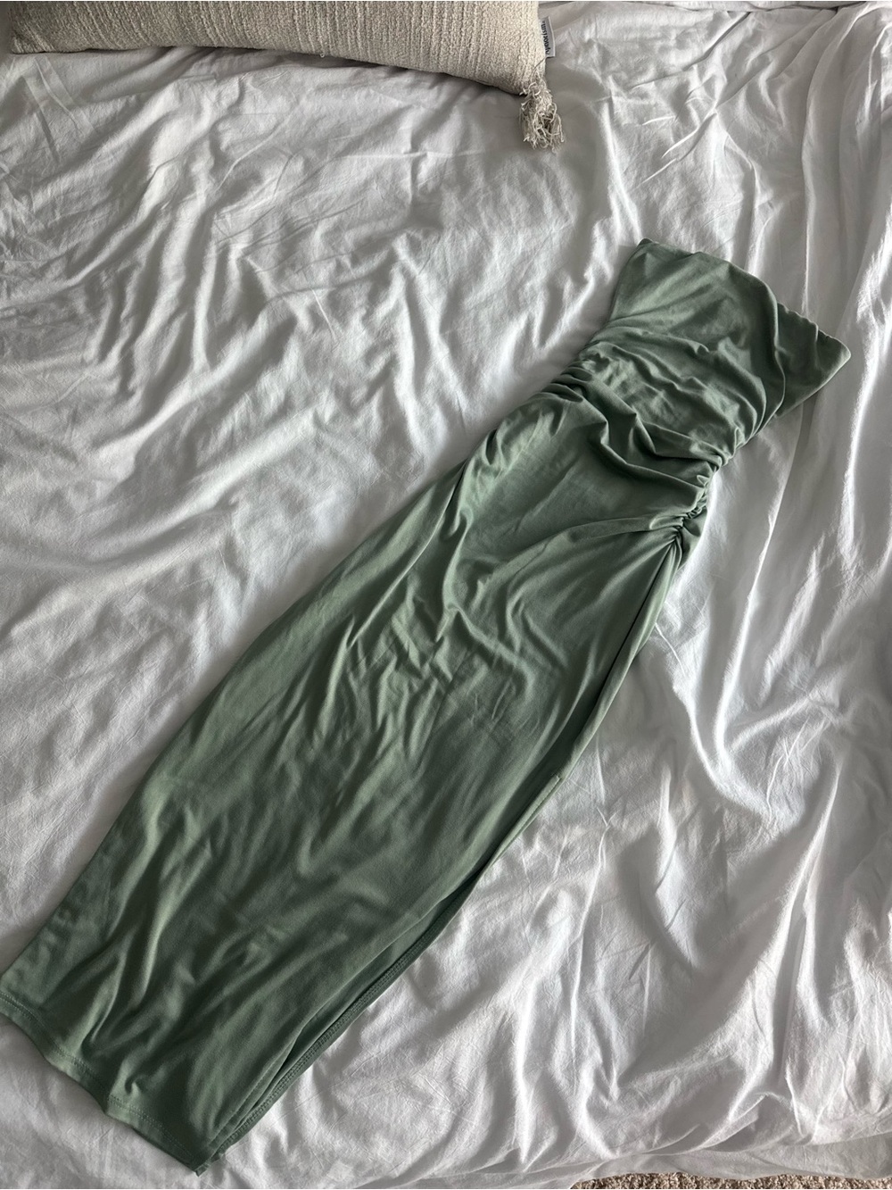 Windsor Sage Green Strapless Ruched Midi Dress